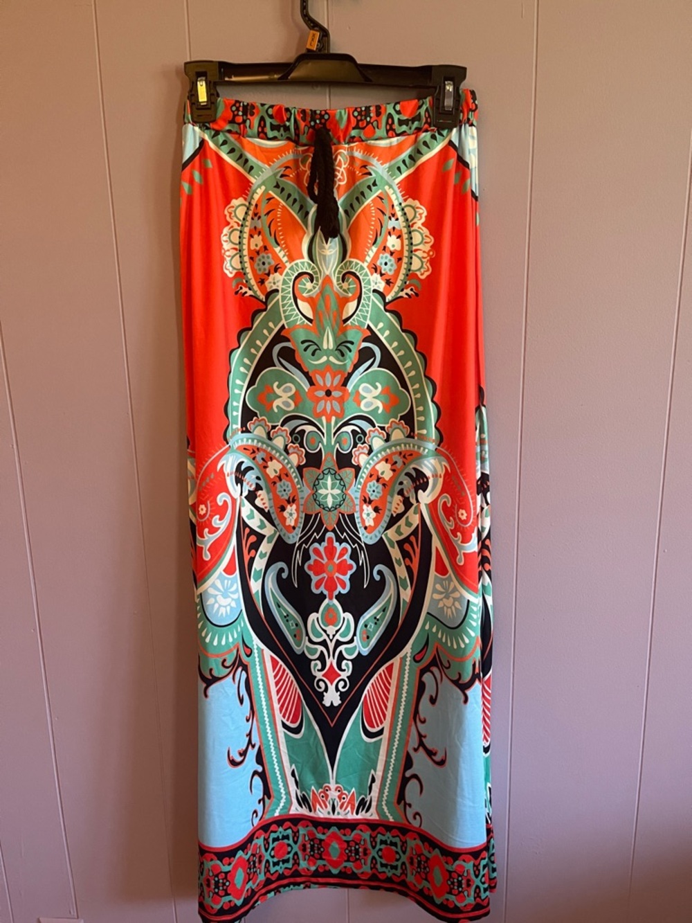 Source Unknown Coral, Teal and Black Patterned Maxi Skirt